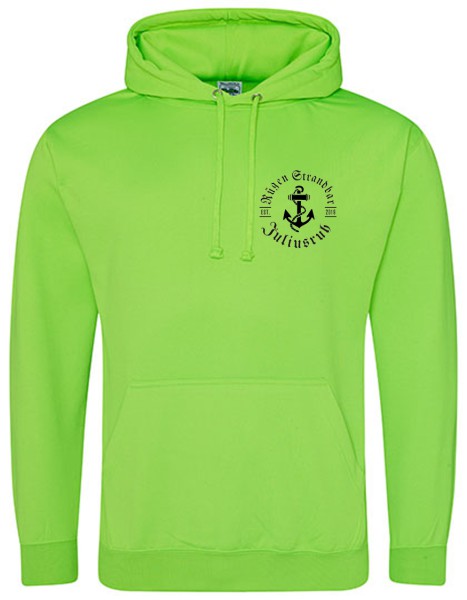 Hoodie neonfarben, Strandbarlogo auf Brust und Rücken