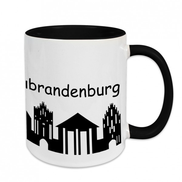 Städtetasse Neubrandenburg Skyline m. Herz weiß Innenfarbe und Henkel schwarz