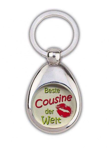 "Beste Cousine der Welt" Schlüsselanhänger, beige, mit Einkaufswagenchip in Magnethalterung