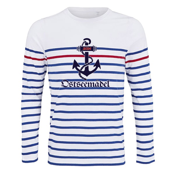 Ringel-Shirt Langarm „Ostseemädel“ mit Anker royalblau/weiß