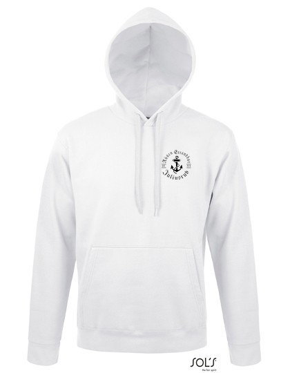 Unisex-Hoodie "Im Herzen barfuss am Strand", weiß, Strandbarlogo Brustbereich