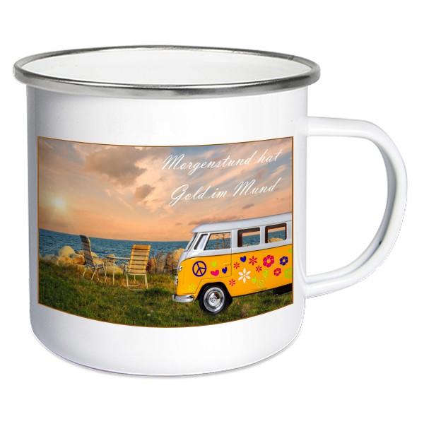 Emaille Becher 450ml "Morgenstund hat Gold im Mund", Emailletasse, Kaffeetasse Zelten, Camping Fan, Emaille Tasse Outdoortasse