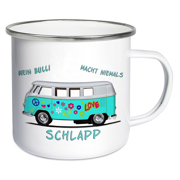 Emaille Becher 450ml "Mein Bulli macht niemals schlapp", Emailletasse, Kaffeetasse Camping, Zelten, Camping Fan, Emaille Tasse Outdoortasse