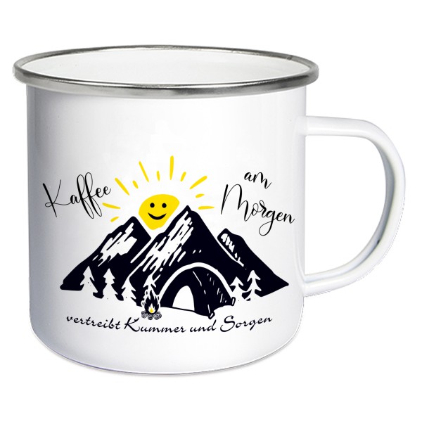 Emaille Becher mit Spruch Kaffee am Morgen, groß 450ml, Emailletasse, Kaffeetasse Camping, Zelten, Camping Fan, Emaille Tasse Outdoortasse