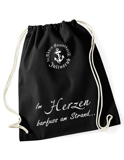 Rucksack, Turnbeutel mit Spruch "Im Herzen barfuss am Strand" schwarz