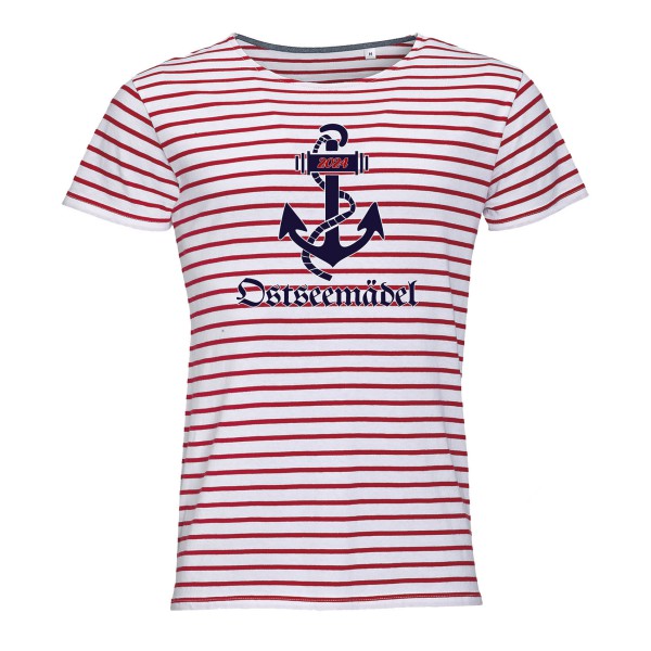 Ringel-Shirt „Ostseemädel“ mit Anker rot/weiß oder navyblau/weiß unisex