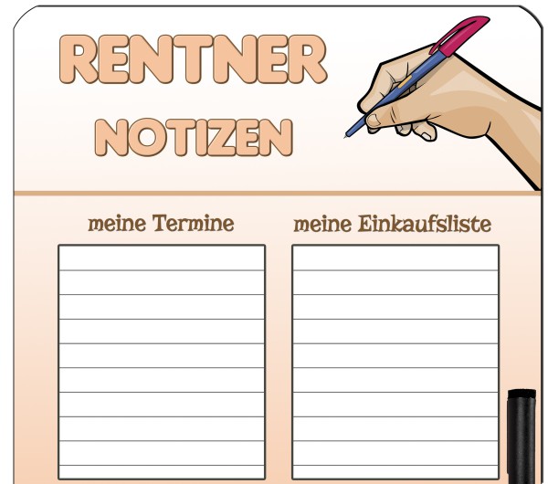 Memoboard grau mit Spruch „ Rentnernotizen “ mit Stift und Radierer, Deko-Schild Küche | Alutafel Geburtstag Geschenk Rentner-