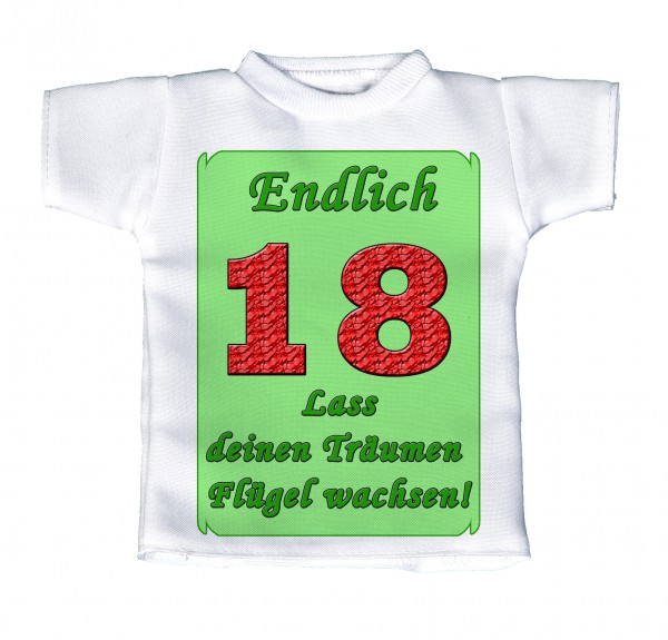 Endlich 18 - Lass deinen Träumen Flügel wachsen - Mini T-Shirt, Flaschenshirt, Autofensterdekoration, weiß mit aussagekräftigen Spruch