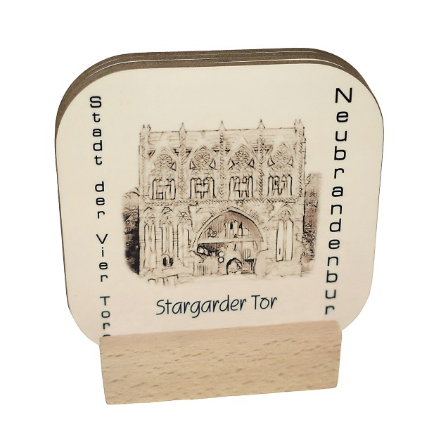 Untersetzer Neubrandenburg mit Spruch , 4 Stück im Set mit Halter, dekorativ, nützlich,Wahrzeichen Neubrandenburg, Souvenir, vier Tore