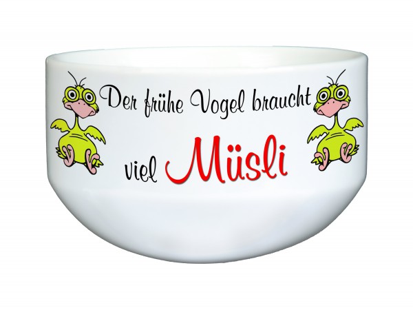 "Der frühe Vogel kann mich mal" Müslischale, Dekoschale, Suppenschüssel, mit Spruch, ca. 14 cm Durchmesser, weiß