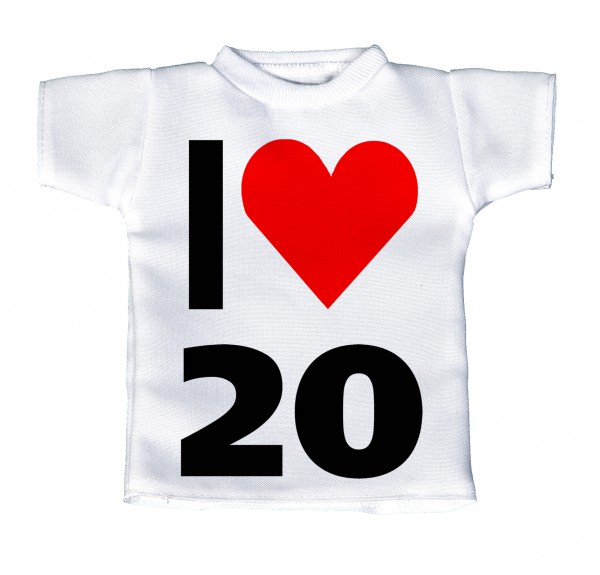 I Love 20 - Mini T-Shirt, Flaschenshirt, Autofensterdekoration, weiß mit aussagekräftigen Spruch