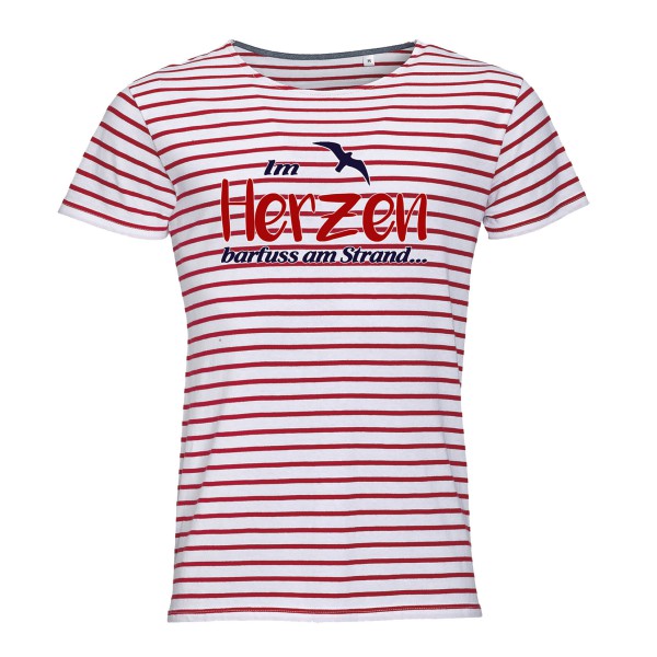 Ringel-Shirt „Im Herzen Barfuss..“ rot/weiß oder navyblau/weiß gestreift, Marine Tshirt